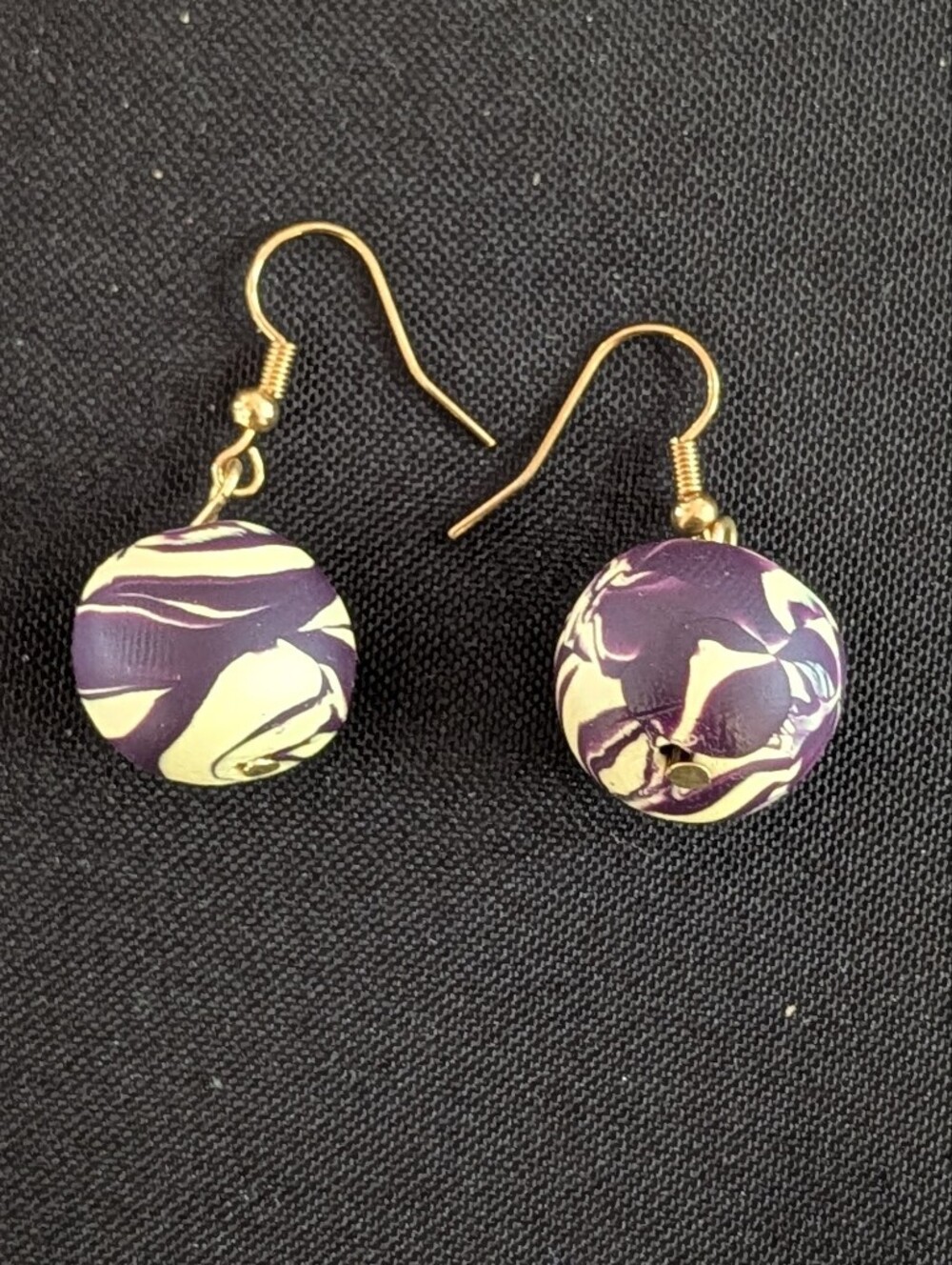Handmade Marbled Purple & Cream Polymer Clay Round Bead Drop Earrings